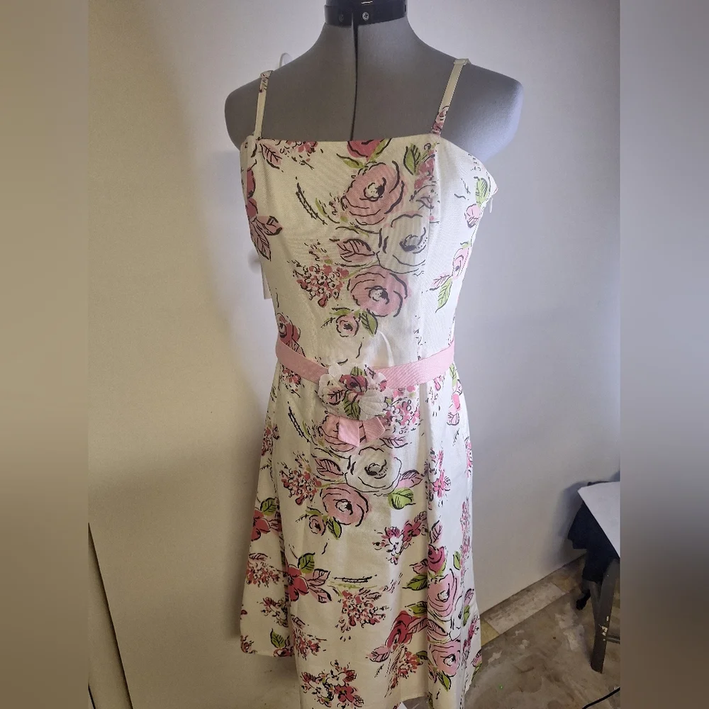 LOFT Elegant Floral Dress W/Flower Belt Size 8 - Picture 2 of 7